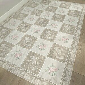 Vintage Tablecloth Hand Embroidery Lace Square Pattern White Floral 88x65”